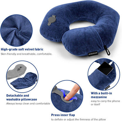Rewondah Neck Pillows for Travel, Inflatable Travel Pillow, Inflatable Neck Pillow for Traveling Airplane with Soft Velour Washable Cover, Blow Up Neck Pillow for Airplanes Train Travel, Blue