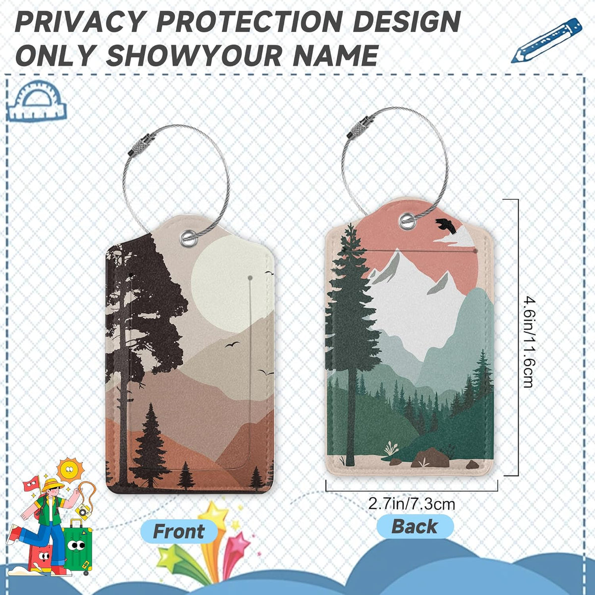 2 Pack Luggage Tag for Suitcase, Landscape Pine Trees Mountains Leather Bag Tags Identifiers Privacy Cover ID Label with Durable Steel Loop for Women Men Kids Girls Travel
