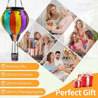 Colorful Hot Air Balloon Solar Lantern with Flickering Flame Light Glass Hanging Solar Lanterns Outdoor Waterproof for Garden Tree Yard Patio Party Decor