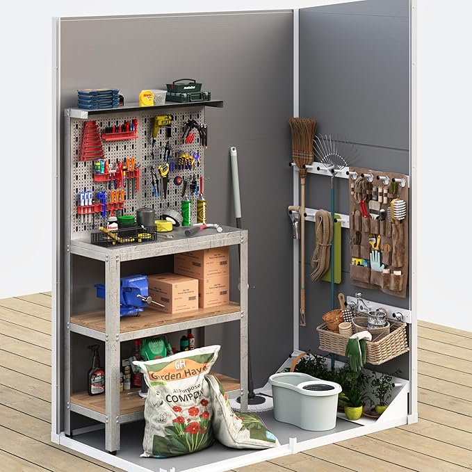 UDPATIO Outdoor Storage Shed 5x3 FT, Plastic Garden Shed for Bike, Garbage Can, Tool, Outside Sheds & Outdoor Resin Shed with Lockable Door for Backyard, Patio, Lawn, Grey & White