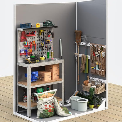 UDPATIO Outdoor Storage Shed 5x3 FT, Plastic Garden Shed for Bike, Garbage Can, Tool, Outside Sheds & Outdoor Resin Shed with Lockable Door for Backyard, Patio, Lawn, Grey & White