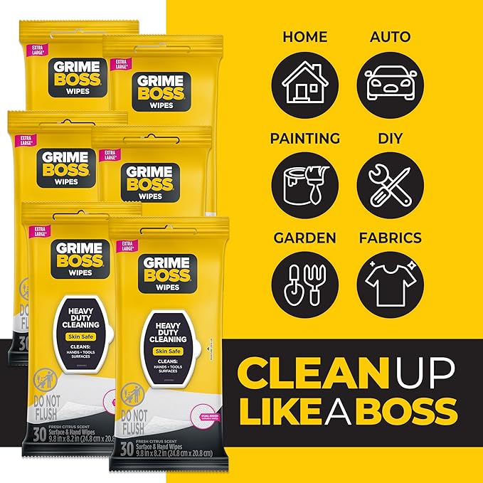 Grime Boss Heavy Duty Wipes (6 x 30ct) | Wet Wipes Used for Hands, Equipment, Tools, Garden, Automotive| Easily Removes Oil, Grease, & Dirt (Pack of 12)