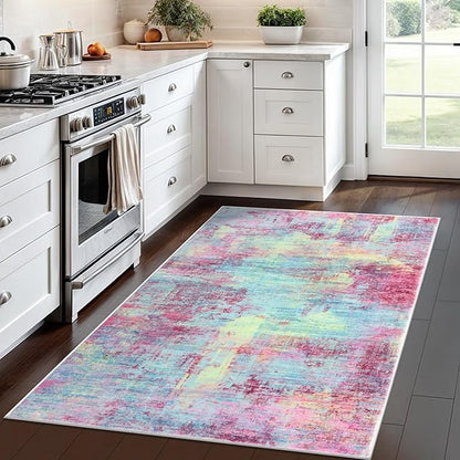 IOHOUZE Abstract Area Rug 4x6 Ft Washable Rugs for Entryway Indoor, Non Slip Small Living Room Rugs Printed Faux Wool Throw Rug, Floor Carpet for Kitchen Nursery Playroom, Pink Teal