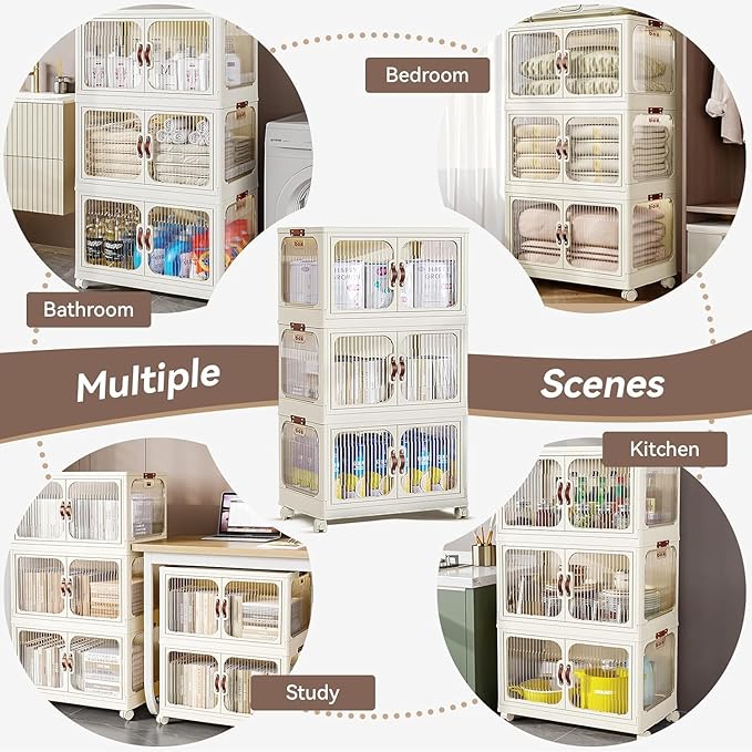 Multi-Purpose Stackable Plastic Storage Bins with Wheels & Lids - Space-Saving Foldable & Collapsible Organizers for Home, Pantry, Office, Dorm, Craft Room & Closet (4 Layers)