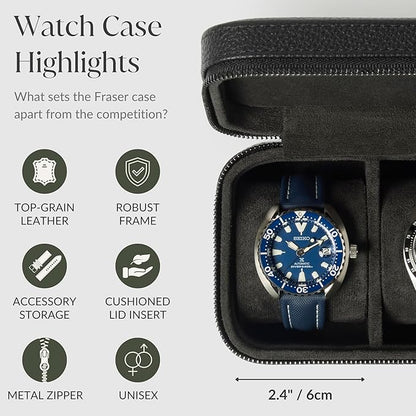 TAWBURY 3 Watch Case for Men – Luxury Leather Watch Travel Case for Men | Black Watch Cases for Men Travel | Traveling Watch Holder for Men | Black Watch Roll Case | 3 Watch Box for Men Travel