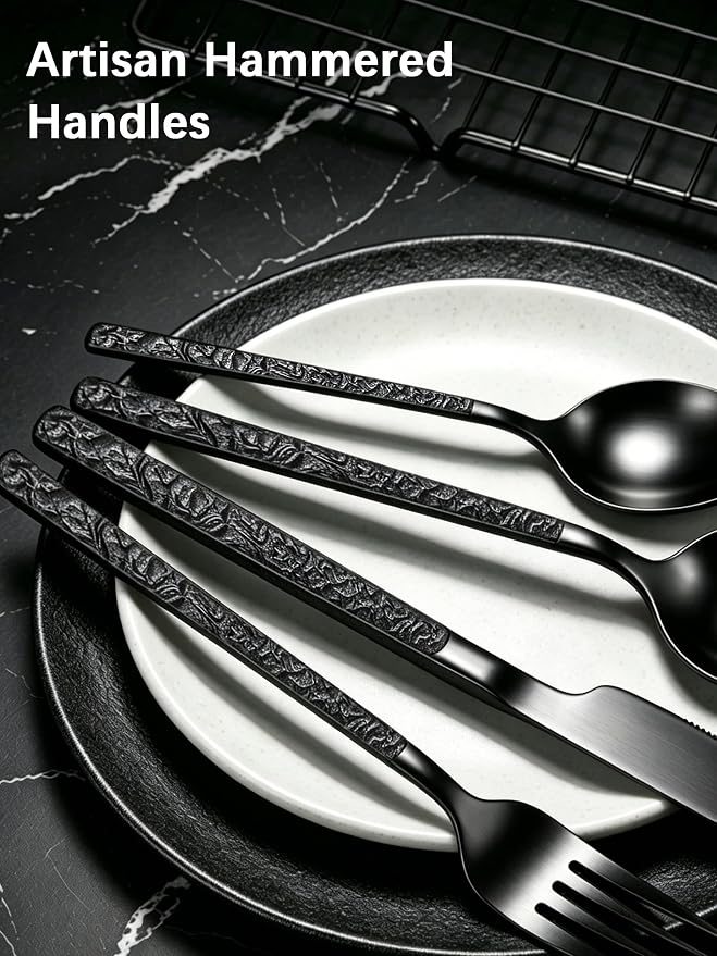 Black Silverware Set for 8 Modern Square Flatware Set Stainless Steel 32 Piece