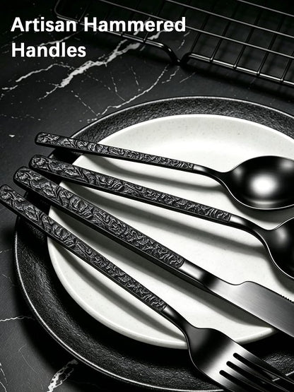Black Silverware Set for 8 Modern Square Flatware Set Stainless Steel 32 Piece