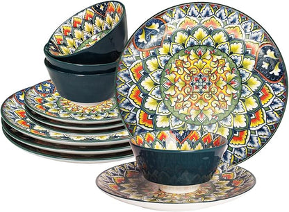 YA JU Mandala Dinnerware Sets Serves 4, Buffet Dinnerware, Boho Plates and