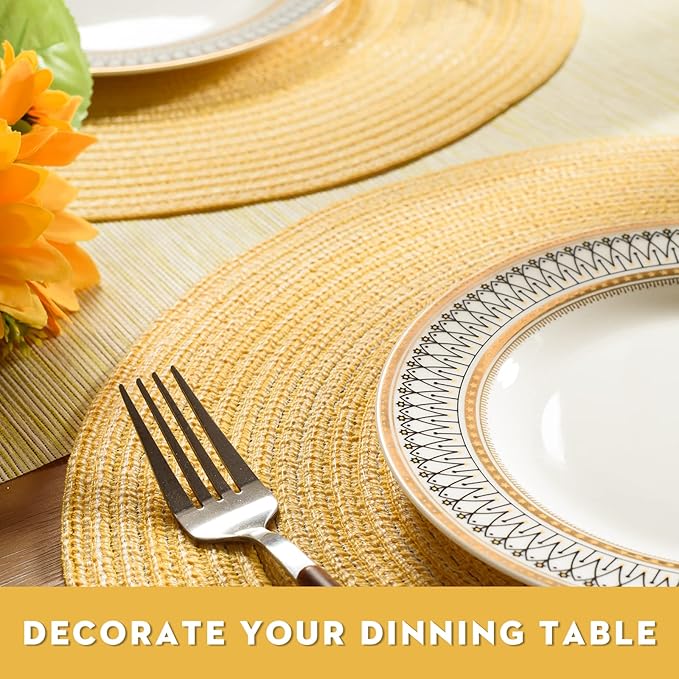 FunWheat Round Braided Placemats Set of 6 Place mats for Dining Tables Woven Heat Resistant Table Mats 15 inch (Yellow)
