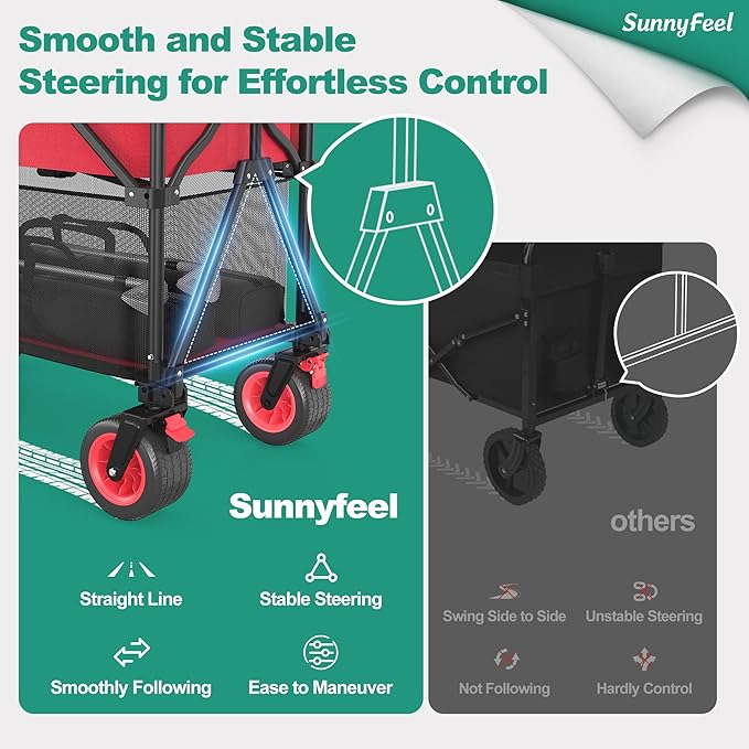 SUNNYFEEL Heavy Duty Collapsible Outdoor Utility Wagon Cart 500LB Capacity Adjustable Handlebar,Foldable Beach Wheels Stable Durable Oxford Fabric for Shopping Garden Camping (Red, Double Deck)