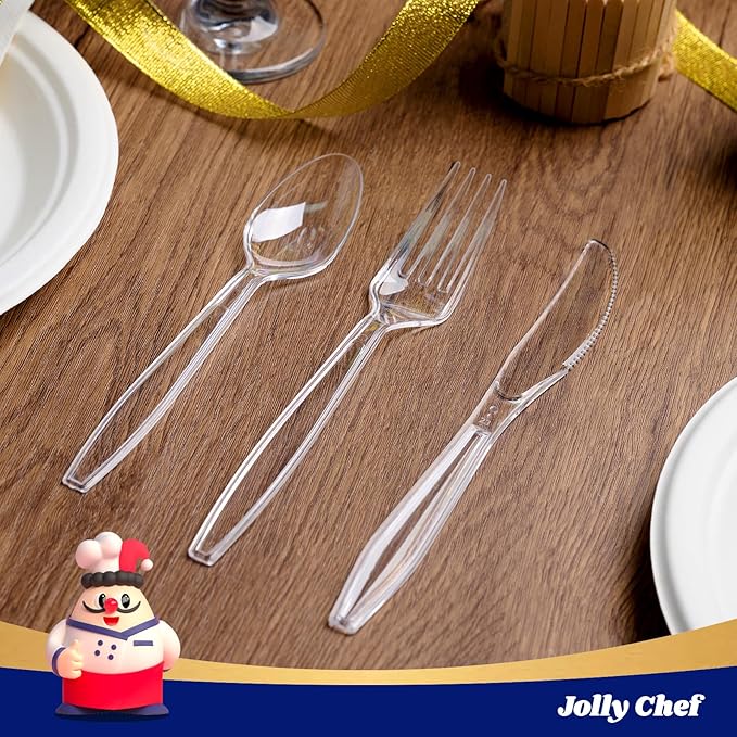 JOLLY CHEF 360 Count Clear Plastic Silverware Heavy Duty-180 Forks, 120 Spoons, 60 Knives, Heat Resistant Plastic Cutlery, Disposable Utensils Set for Parties, Events, Everyday Use