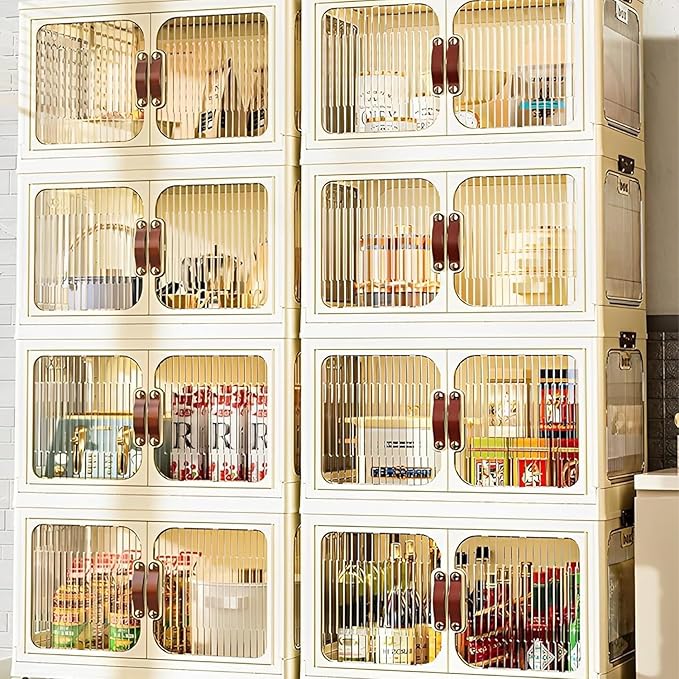 Multi-Purpose Stackable Plastic Storage Bins with Wheels & Lids - Space-Saving Foldable & Collapsible Organizers for Home, Pantry, Office, Dorm, Craft Room & Closet (4 Layers)