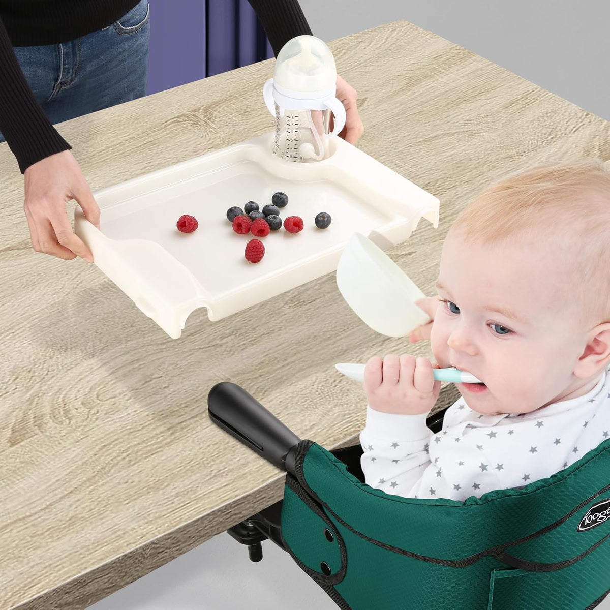 Hook On Chair with Removable Dining Tray, Portable Table High Chair, Folding Compact Baby Seat with Storage Bag for Indoor/Outdoor,Dark Green
