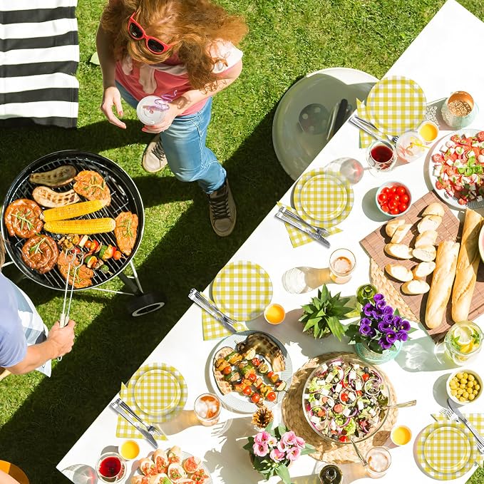 180Pcs Yellow Gingham Party Supplies Paper Plates and Napkins Serve 60 |