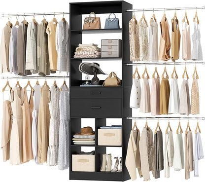 Closet System, 4-8 FT Closet Organizer Tower with 2 Wooden Drawers and Shelves, Can Fit 60 to 96 inch Walk-in Closet System with 5 Hang Rods, Built-in, Black