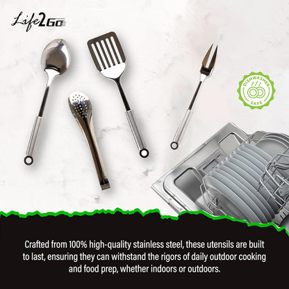 Life2Go 12 Piece Camp Cooking Utensil Set & Outdoor Kitchen Gear Cookware Kit, Portable Compact Carry Case for Camping, Hiking, Travel, BBQ Grilling Stainless Steel Accessories Spoon & Fork, Gray