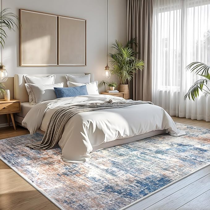 IOHOUZE Abstract Area Rugs 8x10 Ft Washable Large Rugs for Living Room, Non Slip Dining Room Rug, Printed Faux Wool Rugs for Bedroom, Floor Carpet for Office Nursery Playroom, Blue Rust