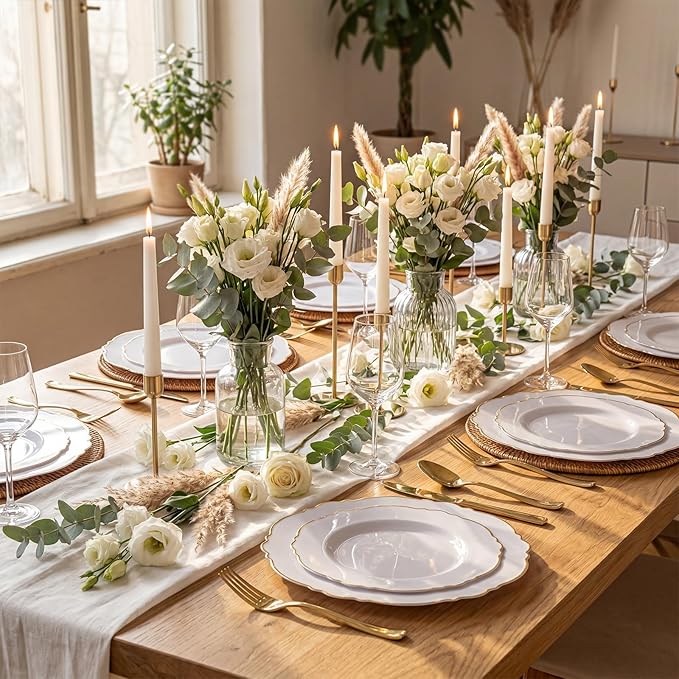 60pcs White and Gold Plastic Plates