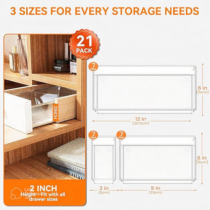 21-Pack Clear Plastic Drawer Organizer Trays – BPA-Free Storage Bins for Kitchen Utensils, Makeup, Jewelry, Office Desk, Bathroom & School Supplies – Multi-Use Home Organization Solution