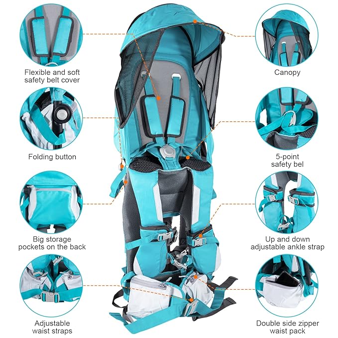 Baby Hiking Backpack Carrier with Rain Cover Sun Shade - Safe Backrest & Ergonomic Seat for Toddlers - Holds Up to 40 Pound - 6 Months to 3 Years