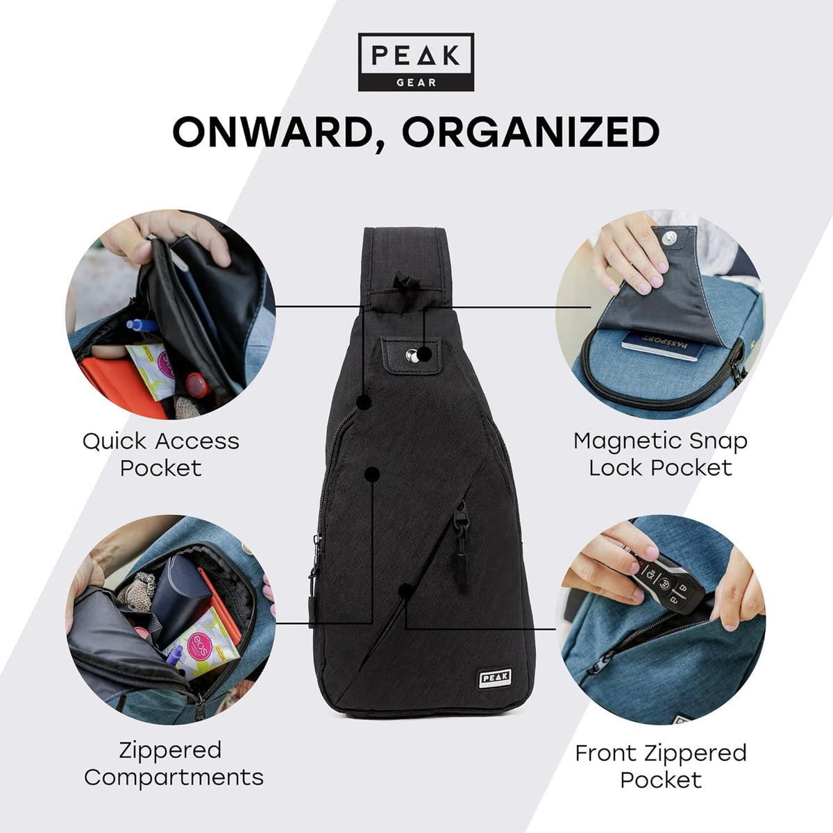 Peak Gear Travel Sling Bag. Compact Crossbody Bag | Lighter and Smaller than a Backpack | Lifetime Lost & Found ID Tag
