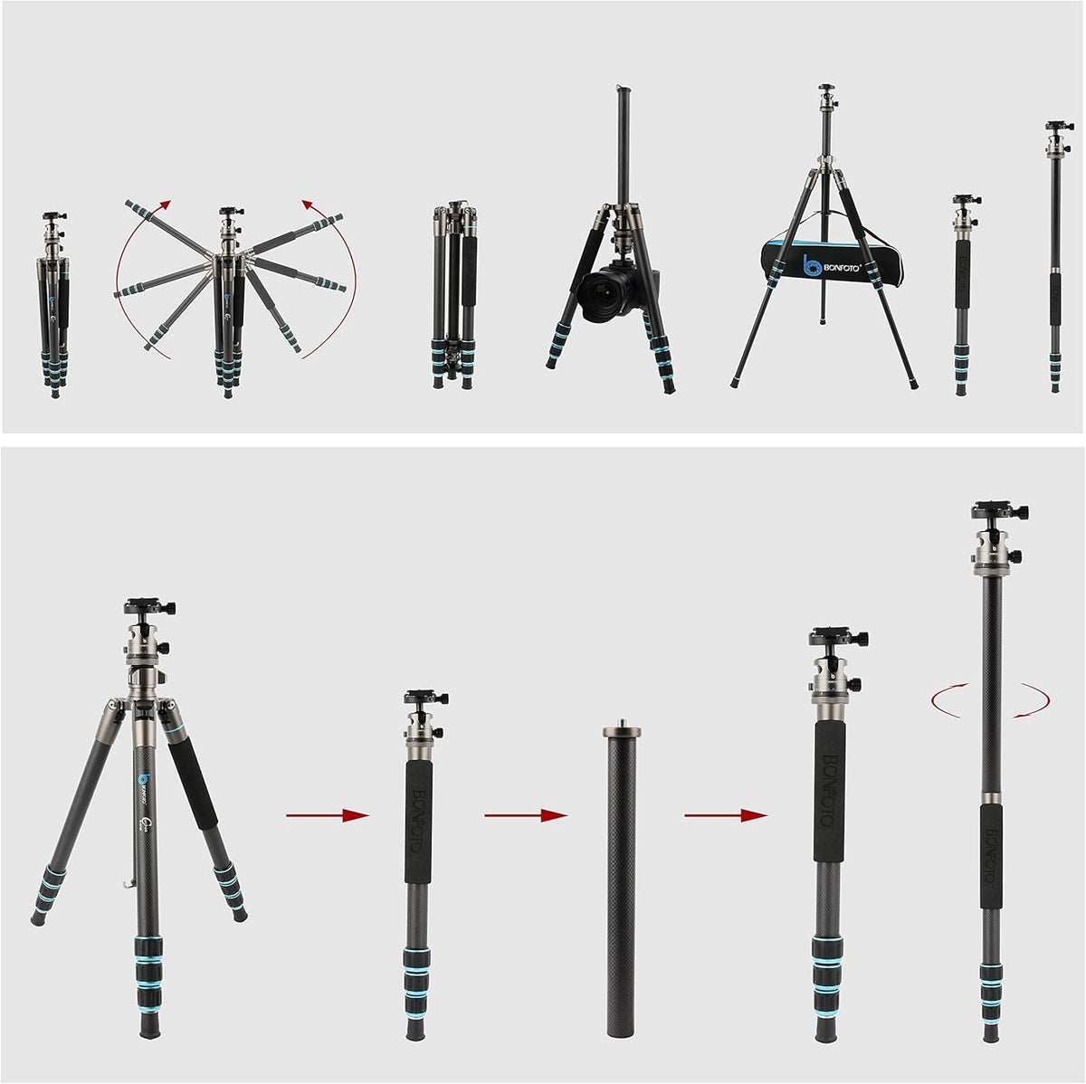 BONFOTO Portable Aluminum Alloy B674A Lightweight Camera Travel Tripod Monopod with Ball Head for DSLR (Bronze Grey)