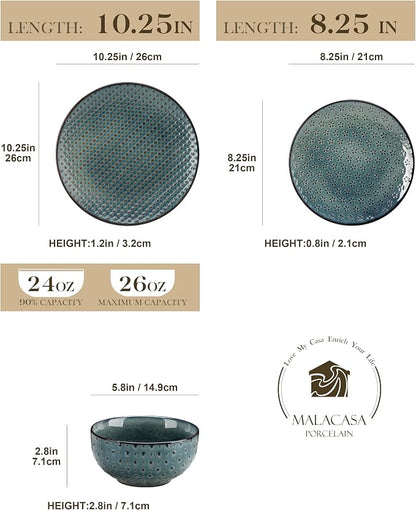 MALACASA 12 Pieces Dinnerware Sets, Farmhouse Plates and Bowls Sets, Embossed