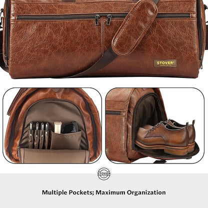 STOVER Garment Travel Duffle Bag, Large 2-in-1 Convertible Carry-on Luggage for Men & Women- Hanging Suits, Dresses & Clothes + Shoe Compartment- Weekender Tote Combo Duffel (Brown Leatherette)