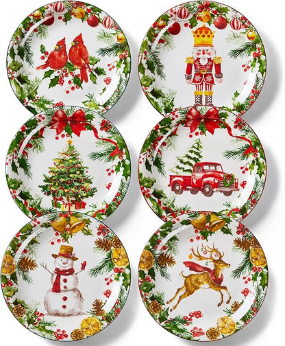 Christmas Dinner Plates, 10 Inch Ceramic Serving Plate Set for Pasta, Steak, Salads, Dishwasher and Microwave Safe, Christmas Dinnerware Set of 6