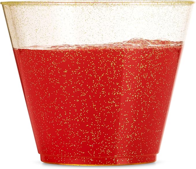 100 Glitter Plastic Cups - 9 Oz Clear Plastic Cups Old Fashioned Tumblers -Gold
