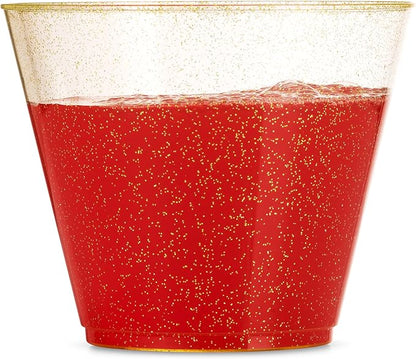 100 Glitter Plastic Cups - 9 Oz Clear Plastic Cups Old Fashioned Tumblers -Gold
