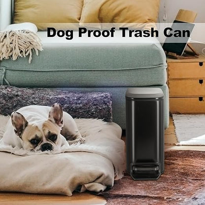 TrashAid Small Bathroom Trash Can with Lid Matt Black Soft Close, 6 Liter / 1.6 Gallon Stainless Steel Garbage Can Narrow with Removable Inner Bucket, Step Pedal