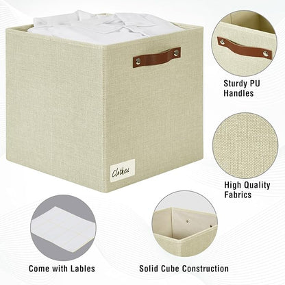 Collapsible Fabric Storage Cube Bins with 2 Reinforced PU Handles, Foldable Storage Organizer Baskets for Closet, Shelves, Living Room | 13"x13"x13", 4 Pack, Full Beige