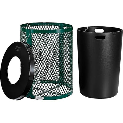 Global Industrial Outdoor Diamond Steel Trash Can with Flat Lid and Plastic Liner, 36 Gallon Capacity, Green, Thermoplastic Coating, 23-1/2" Diameter, 30" H