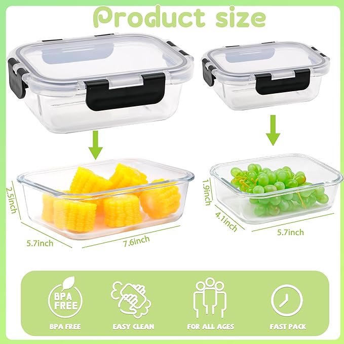kakw10 Packs Glass Food Storage Containers,Glass Meal Prep Container for Lunch,can be used in the Microwave, Oven, Freezer and Dishwasher,with Upgraded Snap Locking Lids. (10 Packs)