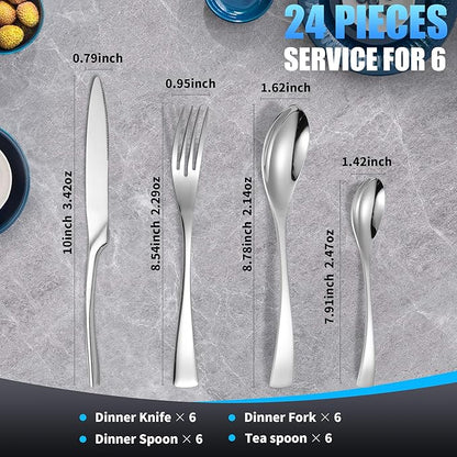 Lemeya 24-Piece Silverware Set for 6,Heavy Duty 18/10 Stainless Steel Cutlery Set with Forged Stand Knife,Modern Flatware Utensils Set,Forks Spoons and Knives Set,Mirror Polished,Dishwasher Safe