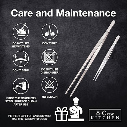 8-CREW KITCHEN Professional Chef Tongs 2 pc Set - 12” 304 Stainless Steel Tweezer for Cooking and Multi-Use - 6” Culinary Tweezer for Plating, Bar and Food Decorating