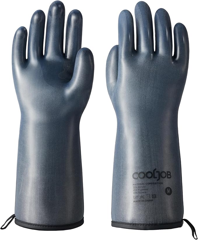 COOLJOB Heat Resistant Oven Gloves, Waterproof Liquid Silicone BBQ Grilling Gloves for Barbecue, Kitchen Cleaning, Baking, Food Contact, Black, Medium