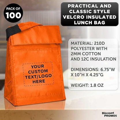 DISCOUNT PROMOS 100 Hook and Loop Insulated Lunch Bags Set - Customizable Text, Logo - Polyester, Durable, Vibrant, Reusable - Orange