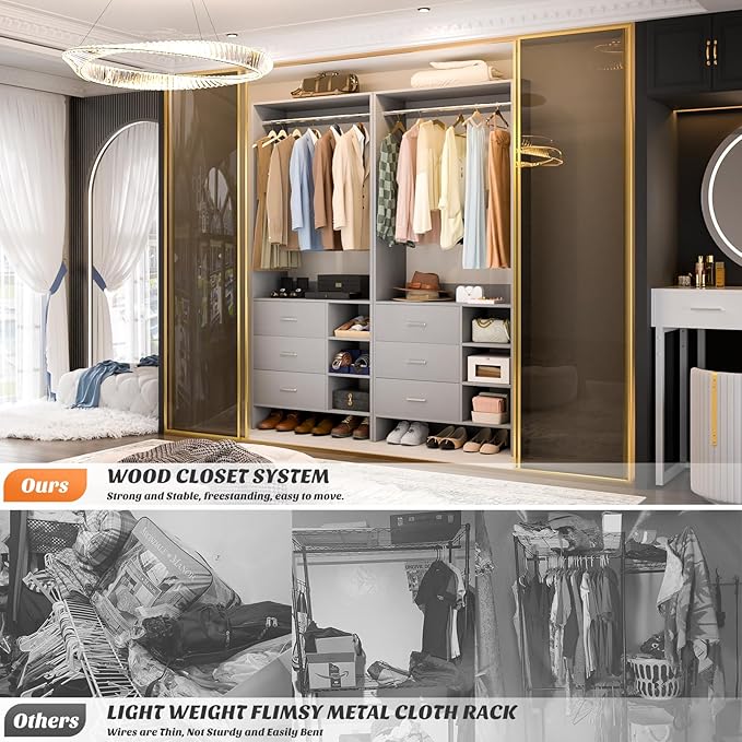 Aheaplus 2.5FT Closet System with 3 Drawers, 29.5’’ Closet Organizer, Wood Closet Organizer System, Walk-in Closet or Small Closets Wardrobe, Clothes Rack with Hanging Rods,-E6, Grey