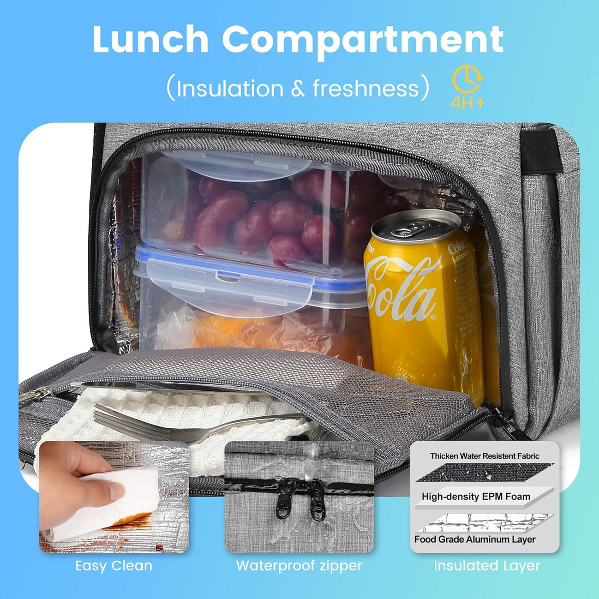 Lunch Backpack, Insulated Cooler Backpack Lunch Box for Men Women, 15.6 Inches RFID Blocking Laptop Backpack with USB Port for Work Travel Picnics Hiking Grey