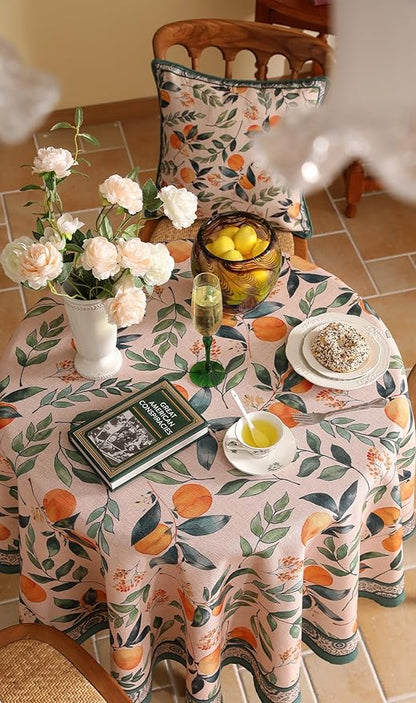 patdrea Designer Linen Round Table Cloth,Vintage Framhouse Oranges and Leaves Pattern Tablecloth,Decor Table Cover for Kitchen Dining Christmas,Thanksgiving,Tea Party,Diameter 67"-Palladin a