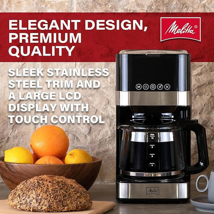 Melitta Aroma Tocco Glass 10-Cup Drip Coffee Maker, Automatic and Programmable, 96oz Capacity with 5-Pack Coffee Filters | Black