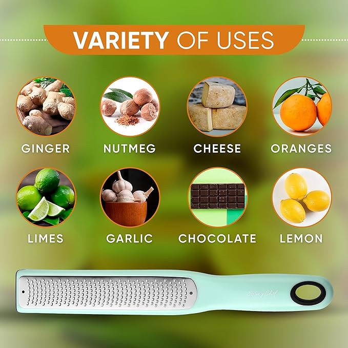 Spring Chef Premium Lemon Zester Grater with Handle - Fruit, Garlic, Lime, Orange, Nutmeg, Garlic Grater - Heavy Duty Kitchen Tool - Stainless Steel Citrus Zester with Blade Cover - Fine Shred, Mint