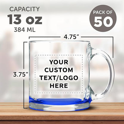 Custom Libbey Clear Glass Coffee Mugs 13 oz. Set of 50, Personalized Bulk Pack - Perfect for Coffee, Tea, Espresso, Hot Cocoa, Other Beverages - Blue Bottom