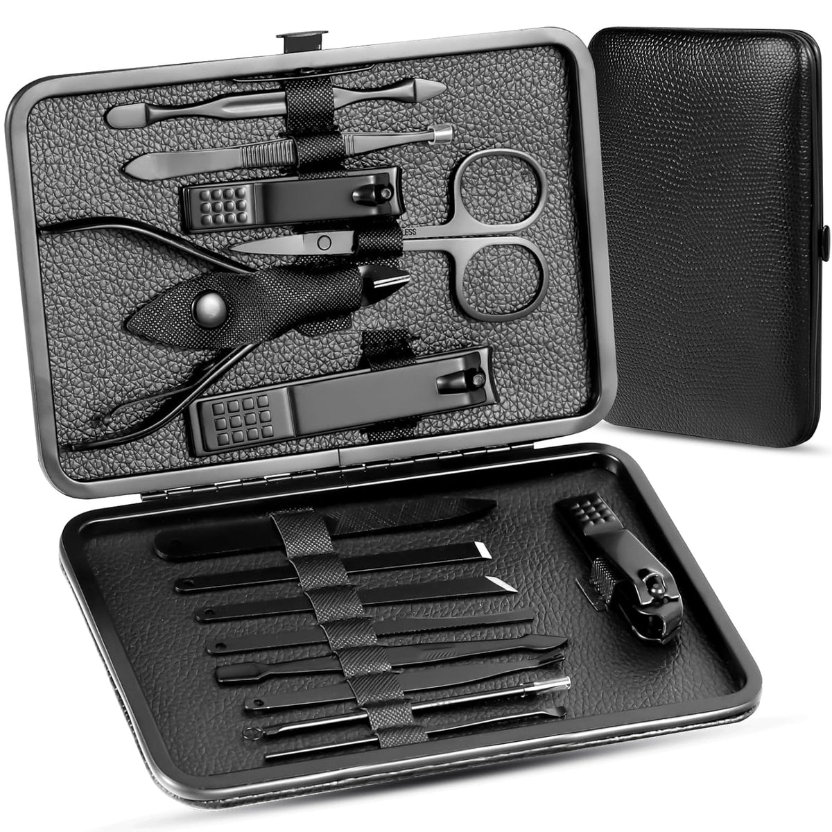 Manicure Pedicure Kit Nail Clippers Set Fingernails & Toenails Vibrissac Scissor 5 Pieces Best Care Tools for Man & Women with Travel Case (Gray/Black_A) (Dark 15 Pieces)