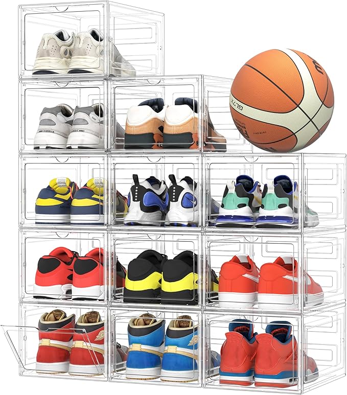 Pinkpum Upgraded Hard Shoe Storage Box 12 Pack X-Large Fit Size 12, Thicken & Sturdy Clear Plastic Stackable Shoe Organizer Box Closet, Sneaker Storage Display Case Holder Bins with Magnetic Door
