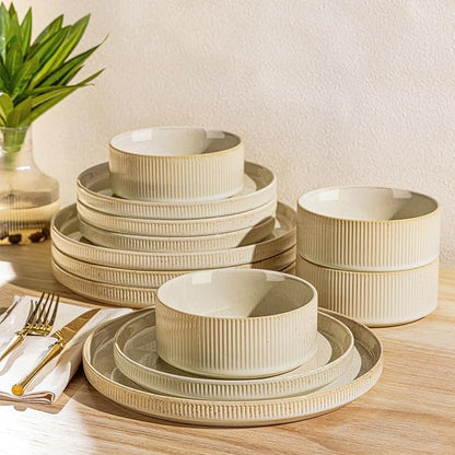 Ceramic Dinnerware Set for 4, 12-Piece Plates and Bowls Set | Lightweight