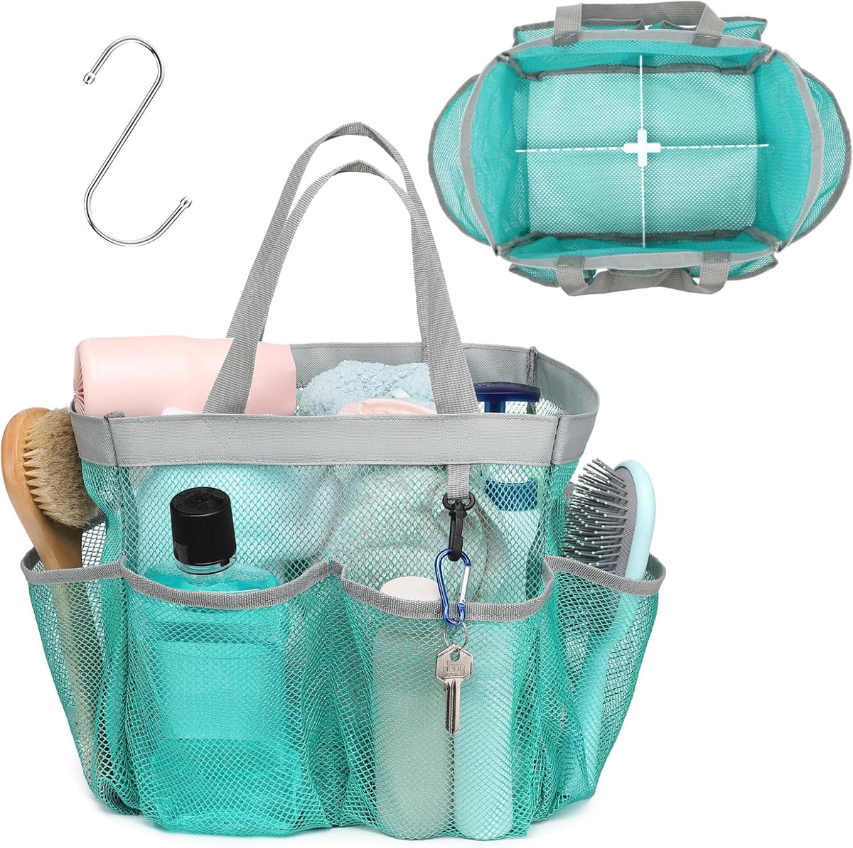 F-color Mesh Shower Caddy Portable with Dividers - Upgrade Deeper 7 Pockets Dorm Room Essentials with S Hook, Shower Bag Basket Tote for Guys Girls College Camping Toiletry Bathroom, Mint Green
