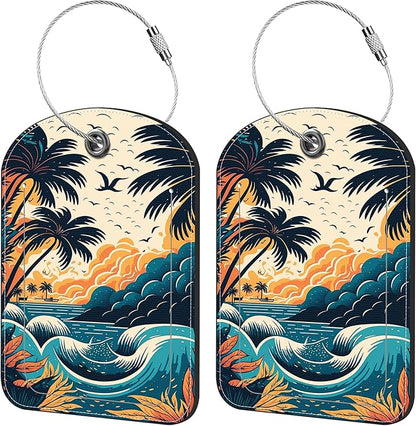 2 Pack Cute Luggage Tag for Suitcases Summer Beach Leather Luggage Tags with Stainless Steel Loop Privacy Flap Name Tags,Men and Women Travel Bag Suitcase Tags
